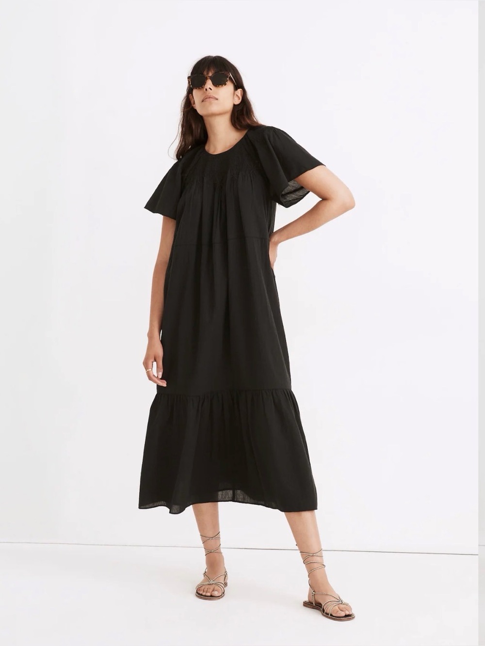 Madewell Embroidered Smocked Midi Dress in True Black - Size Medium